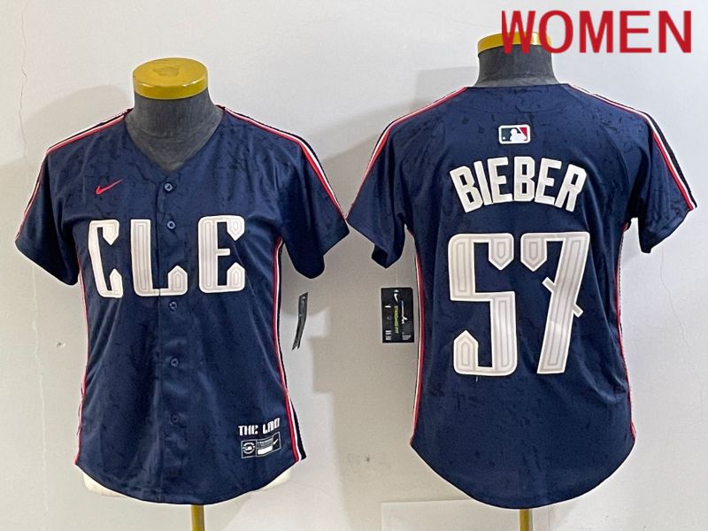 Women Cleveland Indians 57 Bieber Blue City Edition Nike 2024 MLB Jersey style 1
